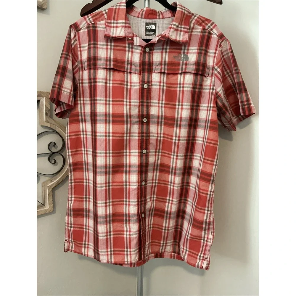 The North Face Men's Short Sleeve Button Down Orange Plaid Shirt Size Large EUC